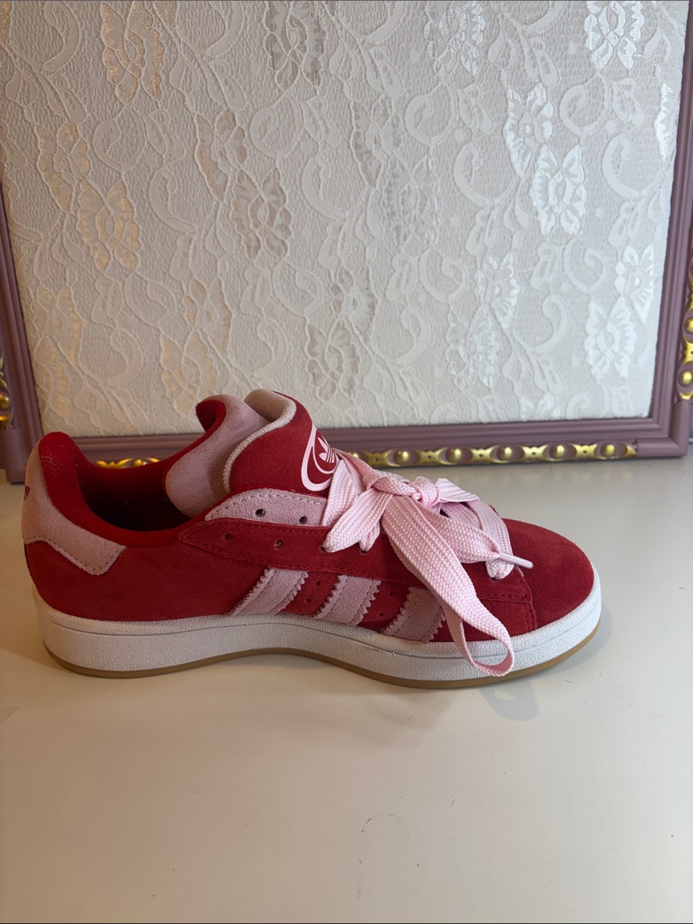Pair of adidas Women's Red and Pink Suede Campus Sneaker